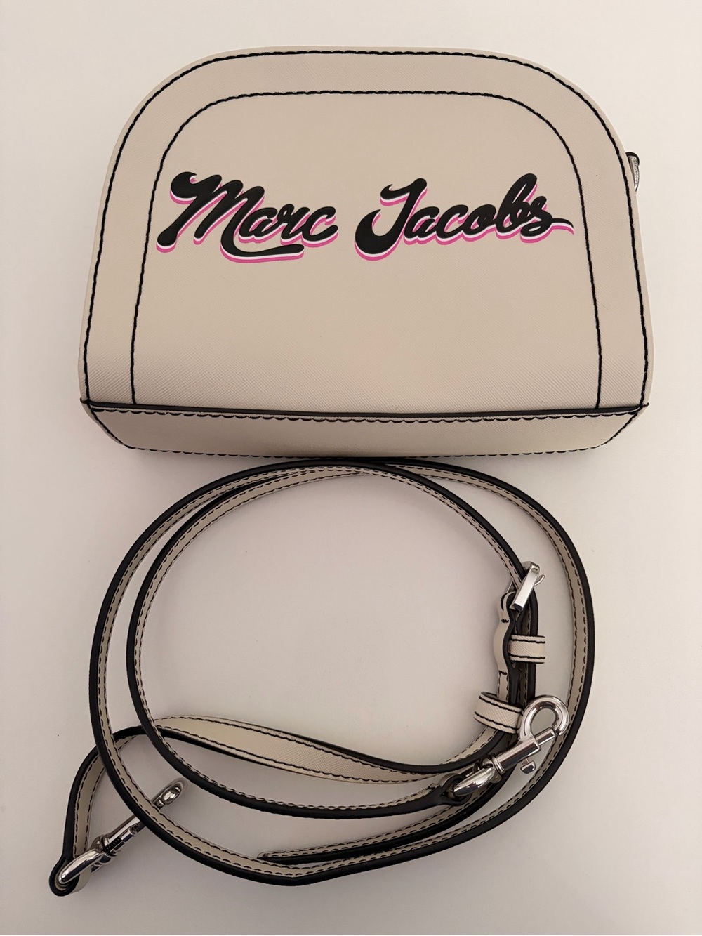 Marc Jacobs Dome Cream Crossbody Bag with Black Trim and Pink Logo. New